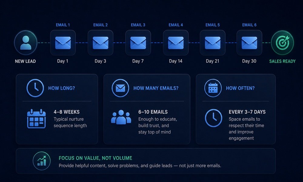 B2B nurture sequences how long, how many emails, how often
